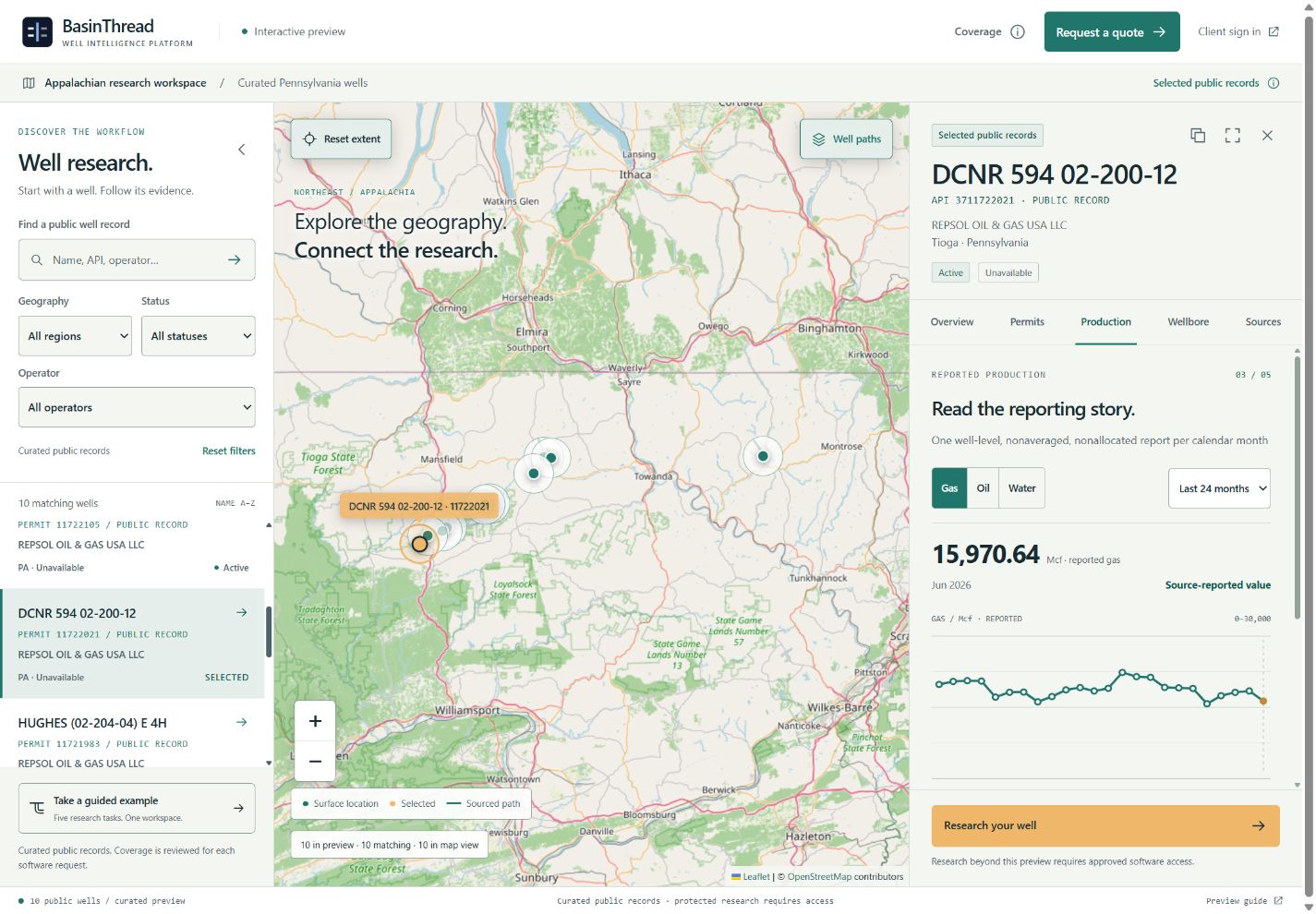 Screenshot of the WIP research preview showing a map, public well records, and a selected research workspace